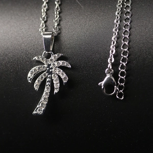 Tropical Coconut Tree Pendant Necklace For Men Women Silver Alloy Titanium Steel Rhinestone Palm Tree Beach Style Fashion Jewelry Necklace Gift