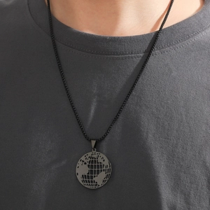 Minimalist black hollow earth map pendant necklace with stainless steel box chain