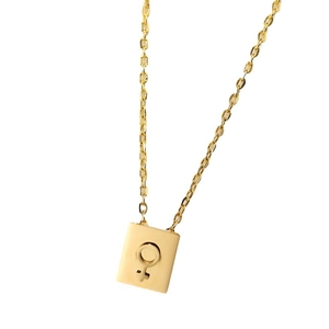 Gold stainless steel rectangle pendant necklace with Venus gender symbol on a minimalist chain