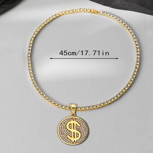 Collier tennis hip hop doré avec pendentif dollar serti de strass longueur 45cm
