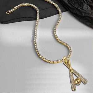 Hip Hop Baseball Bat Pendant Necklace For Men Gold Plated Alloy Rhinestone Pave Tennis Chain Sports Fashion Jewelry