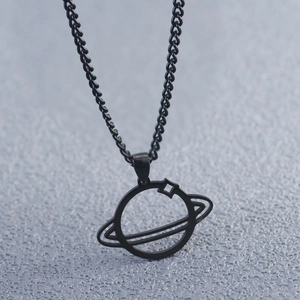 Minimalist black stainless steel planet pendant necklace with a sleek satellite ring design