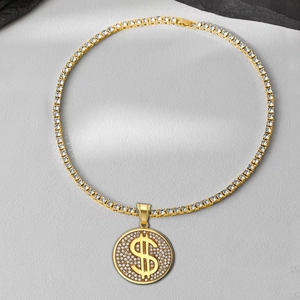 Pendentif dollar or hip-hop avec chaîne tennis étincelante et cristaux incrustés