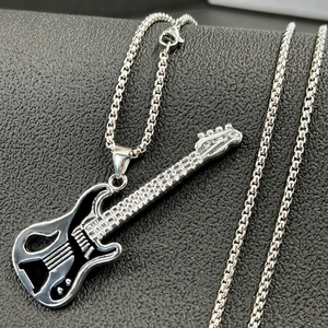 Hip-Hop Silber-Schwarz Gitarren-Anhänger Halskette mit Box-Kette für Herren Streetstyle