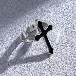 Vintage gothic cross open ring in silver metal with black drip oil finish for unisex