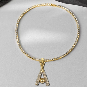 Hip hop tennis necklace with gold plated baseball and bats pendant fully iced out in stones