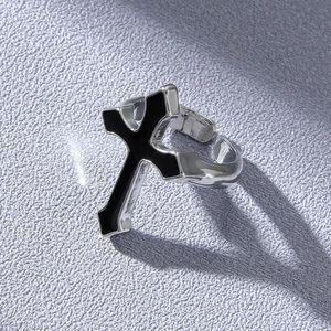 Gothic hip hop cross open ring with black enamel drip on silver metal band