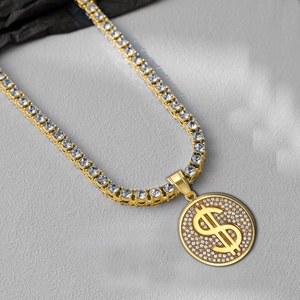 Collier hip-hop doré avec un pendentif signe dollar glacé pour homme tendance