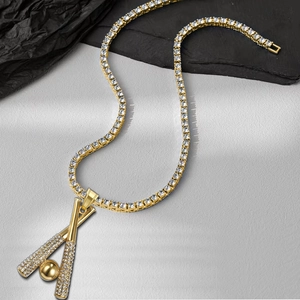 Iced out gold baseball pendant necklace with tennis chain and sparkling zircons