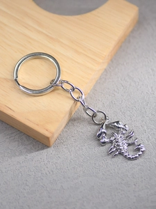 Detailed macro shot of silver scorpion pendant keychain with polished metal surface