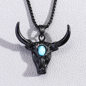 Collier Pendentif Tête de Taureau Vintage Hommes Femmes Retro Punk Alliage Squelette Turquoise Incrusté Bijoux Cadeau