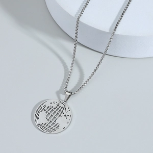 Minimalist silver stainless steel hollow earth map pendant necklace with sturdy box chain