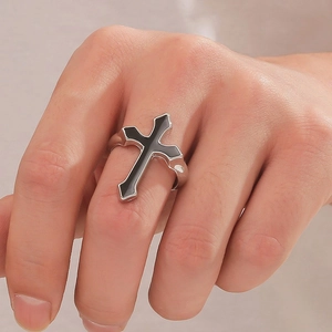 Retro hip-hop punk silver metal open ring with black enamel cross on hand