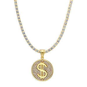 Collier pendentif dollar hip hop pour homme avec cristaux et chaîne tennis dorée