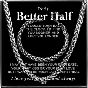 Herren Weizenkette Halskette und Armband Set in Silber mit romantischer Grußkarte