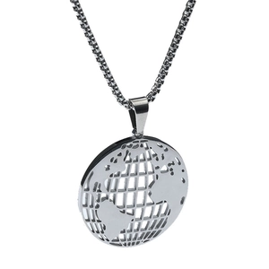 Minimalist silver hollow earth globe pendant on a polished box chain necklace