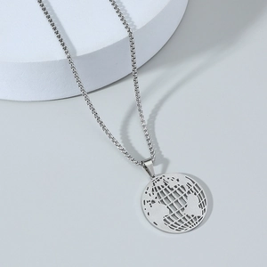 Minimalist Stainless Steel Hollow Earth Pendant Necklace World Map Geometric Round Box Chain Jewelry For Men Women