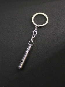 Polished silver metal whistle keychain featuring a smooth cylinder design and flat key ring