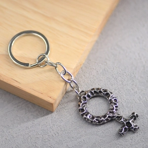 Vintage silver Viking Venus symbol keychain with rustic lava texture for men and women