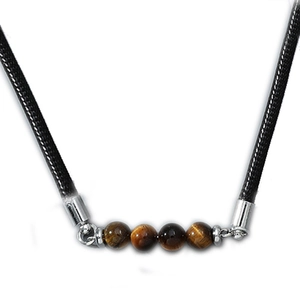 Men's titanium steel necklace with 4 natural yellow tiger eye stones on black cord