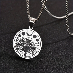 Collier Pendentif Arbre de Vie Rond en Acier Inoxydable Phase de Lune Symbole Yin Yang Bijoux Mode Cadeau Pour Hommes Femmes