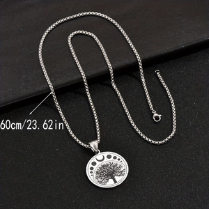 Collier arbre de vie en acier inoxydable argenté avec phases de lune, chaîne de 60cm