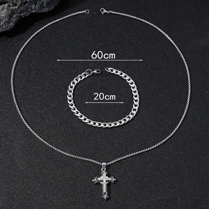 Hip hop layered cross pendant necklace set with 60cm NK chain and 20cm bracelet
