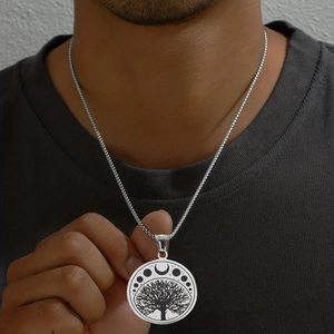 Collier pendentif arbre de vie argenté avec phases de lune et chaîne à billes pour homme