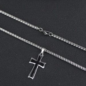 Collier avec pendentif croix en acier inoxydable noir et argent et chaîne de blé robuste