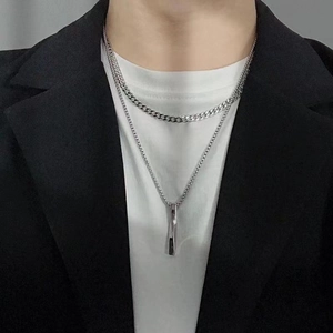 Collier double couche argenté avec pendentif barre torsadée et chaîne gourmette unisexe