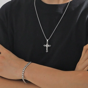Hip hop silver plated iced out triple cross pendant necklace and cuban link chain set