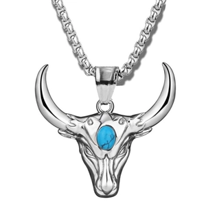 Vintage bull head necklace with turquoise stone inlay on a silver steel box chain
