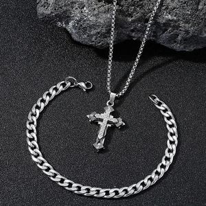 Hip Hop Alloy Rhinestone Cross Pendant Necklace Cuban Bracelet Set For Men Women Street Fashion Jewelry Jewelry Set