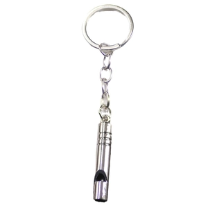 Polished silver metal whistle keychain pendant with a durable ring on a white background
