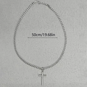 Silver stainless steel cross pendant necklace with a 50cm cuban link chain for men