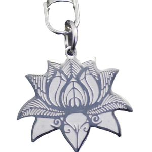 Etched stainless steel lotus pendant with key ring in a brushed silver finish