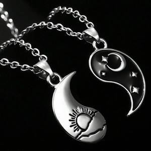 Polished sun and moon Yin Yang teardrop pendant necklaces set for couples in black and silver