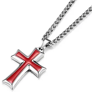 Collier avec pendentif croix en argent et émail rouge, chaîne blé de style hip hop