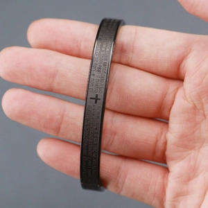 Men's black stainless steel cuff bracelet with cross and Italian prayer engraving