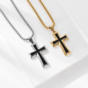 Minimalist silver and gold cross necklaces with black enamel and steel box chains