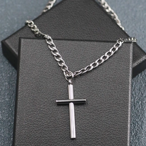 Minimalist silver stainless steel cross pendant necklace with classic Cuban link chain