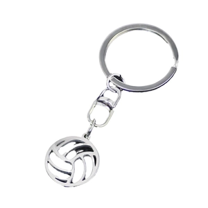 Polished stainless steel volleyball pendant keychain with a hollow design and metallic shine