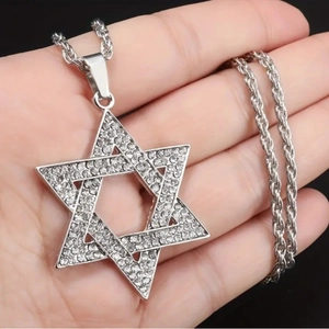 Iced out stainless steel hexagram pendant necklace with silver rope chain for men