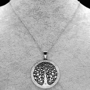 Tree of Life pendant necklace in stainless steel with hollow design and rhinestone accents