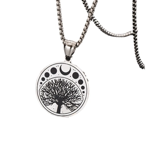 Collier pendentif Arbre de Vie en acier inoxydable avec phases lunaires et chaîne argent