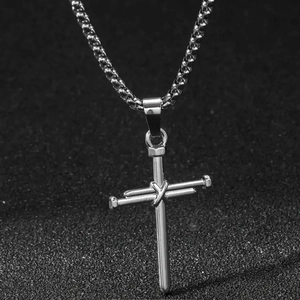 Men's titanium steel cross pendant necklace with industrial silver nail design