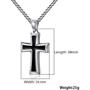 Minimalist silver cross pendant necklace for men featuring black enamel inlay details