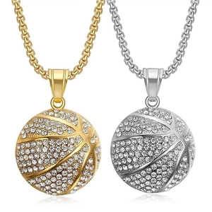 Hip Hop Basketball Pendant Necklace Alloy Rhinestone Iced Out Sporty Style Fashion Jewelry For Men Gold Silver Tones