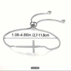 Silver adjustable cross bolo bracelet with sparkling zircons for men and women