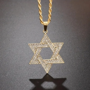 Gold plated iced out Star of David pendant necklace with shimmering crystals for men